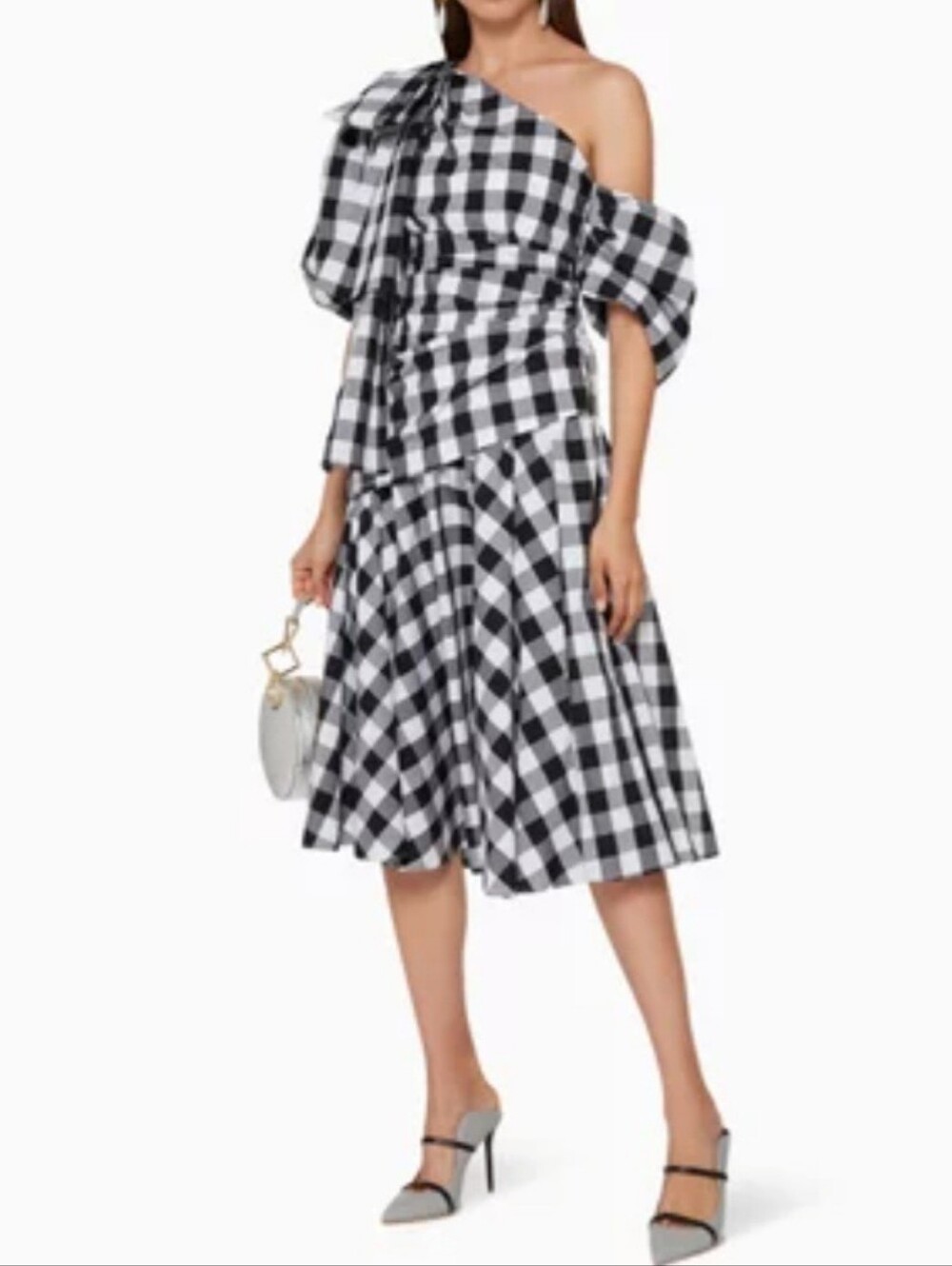 NWT Acler Kieves One-shoulder Black And White Gingham Plaid Cotton Midi Dress 4